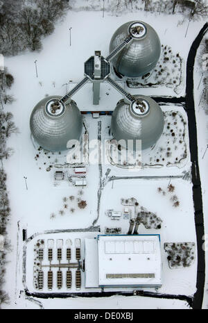 Aerial photo, Emscher sewage works, snow, Duisburg, Ruhr, North Rhine-Westphalia Stock Photo