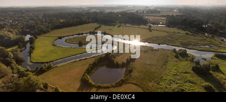 Aerial view, floodplains of the Lippe river, meandering Lippe river, river bends, renaturation, Life-Project of the state Stock Photo