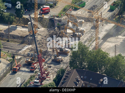 Aerial view, 8 demolition crawler excavators working on the demolition of the A40 motorway bridge, Hohenburgstrasse street Stock Photo