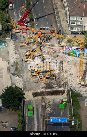 Aerial view, 8 demolition crawler excavators working on the demolition of the A40 motorway bridge, Hohenburgstrasse street Stock Photo