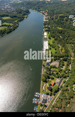 Aerial view, Seaside Beach Baldeney GmbH, north shore of Lake Baldeneysee, Essen, Ruhr region, North Rhine-Westphalia Stock Photo