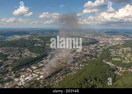 Aerial view, fire and heavy smoke, An der Kohlenbahn street, Hagen, Sauerland region, North Rhine-Westphalia Stock Photo