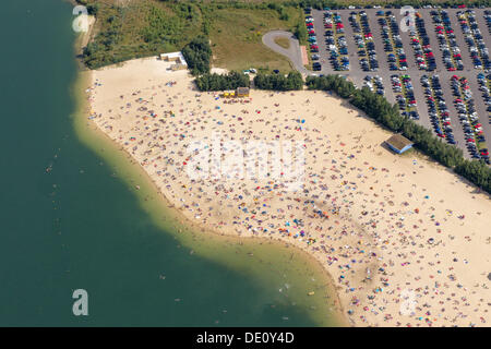 Aerial view, a sandy beach on a bathing lake, Lake Silbersee near Haltern, Ruhr region, North Rhine-Westphalia Stock Photo