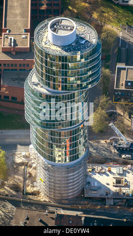 Aerial view of the Exzenterhaus building, an office tower built on an old bunker, Universitaetsstrasse street, Bochum, Ruhr area Stock Photo