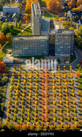 Aerial view, empty parking lot at the HigherRegional Court of Hamm in autumn, Hamm, Ruhr area, North Rhine-Westphalia Stock Photo