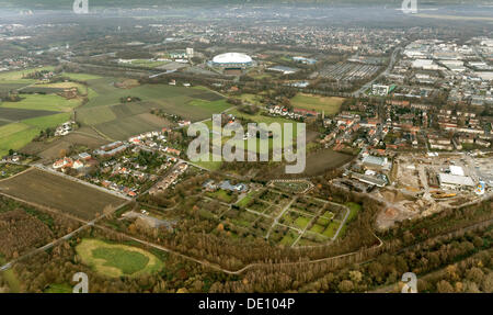 Aerial view, cemetery plot where fans of the traditional football club Schalke 04 can be buried, at Friedhof Beckhausen-Sutum Stock Photo