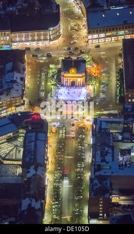 Aerial view, night shot, Berliner Tor gate with with ice rink, Berliner-Tor-Platz square Stock Photo