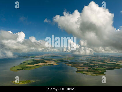 Aerial view, clouds, view towards Ummanz across the islands of Heuwiese und Freesenort