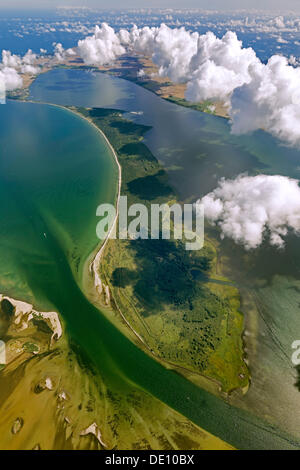 Aerial view, Rassower Strom, the passage between Hiddensee and Ruegen, trough, Vitter Bodden, bow, clouds, Schaprode on the Stock Photo
