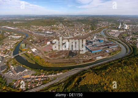 Aerial view, Voelklinger Huette, former steel mill, UNESCO World Cultural Heritage Site, Saar River loop Stock Photo