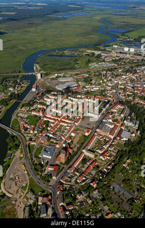 Aerial view, town centre of Anklam on the Peene River Stock Photo
