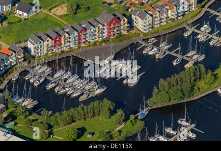 Aerial view, Greifswald marina on the Ryck River, colourful row of houses Stock Photo