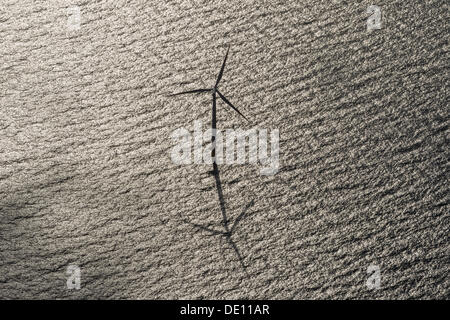 Aerial view, EnBW Baltic 1 offshore wind farm in the Baltic Sea, wind turbine with its shadow Stock Photo