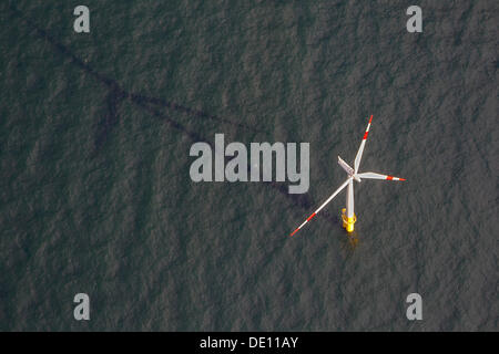 Aerial view, EnBW Baltic 1 offshore wind farm in the Baltic Sea, wind turbine with its shadow Stock Photo