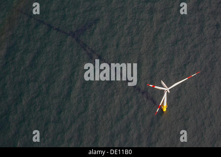 Aerial view, EnBW Baltic 1 offshore wind farm in the Baltic Sea, wind turbine with its shadow Stock Photo