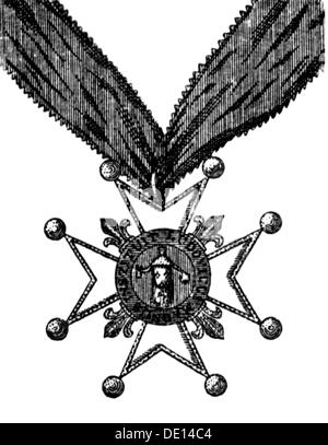medals and decorations, France, Royal and military Order of Saint Louis (Ordre royal et militaire de Saint-Louis), founded 5.4.1693 by King Louis XIV, cross of a Chevalier with ribbon, wood engraving, 19th century, Saint Louis, award, awards, Catholic military order, Order of Merit, Kingdom of France, Ancien regime, military, armed forces, 17th century, medal, decoration, medals, decorations, cross, crosses, historic, historical, Additional-Rights-Clearences-Not Available Stock Photo