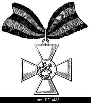 medals and decorations, Russia, Order of Saint George, founded 26.11.1769 by Czarina Catherine II of Russia, badge, wood engraving, 2nd half 19th century, orders of merit, military order of merit, military order, military, armed forces, ribbon, ribbons, cross, crosses, Russian empire, czardom, tsardom, czarina, tsarina, historic, historical, Additional-Rights-Clearences-Not Available Stock Photo
