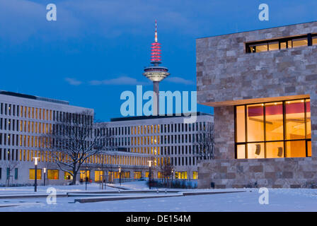 Early morning on the Campus Westend of Goethe University, lecture halls on the right, buildings of the faculty of law and Stock Photo