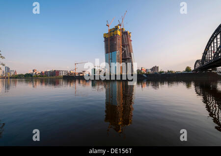 Building site of the European Central Bank, ECB, at sunrise on the site of the former wholesale market halls with construction Stock Photo
