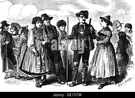 fashion, traditional costume, Bavaria, fltr: Allgaeu, Wertingen, Dachau, Schliersee, Passau, wood engraving by Albert Kretschmer (1825 - 1891), circa 1872, Additional-Rights-Clearences-Not Available Stock Photo
