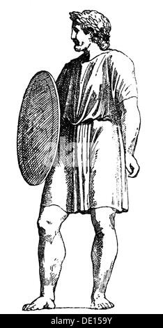 fashion, ancient world, Roman Empire, man in tunic, circa 79 - 81 AD, wood engraving, 19th century, 1st century, 19th century, graphic, graphics, Rome, Roman, clothes, outfit, outfits, dress, dresses, full length, standing, beard, beards, shield, shields, tunic, barefoot, ancient world, ancient times, historic, historical, man, men, male, people, ancient world, Additional-Rights-Clearences-Not Available Stock Photo