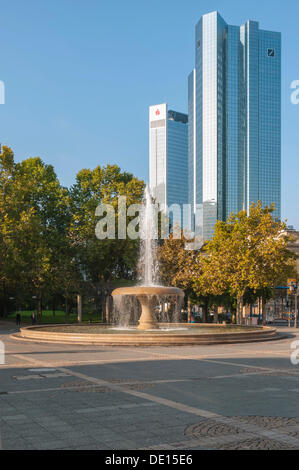 Twin towers of the Deutsche Bank and the Trianon building with the Lucae Fountain on Opernplatz square, Frankfurt, Hesse Stock Photo