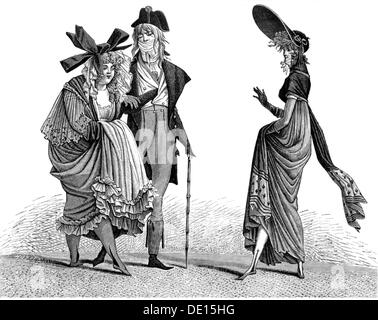 fashion, 18th century, fashionably dressed French at the time of the Directoire, after Carle Vernet (1758 - 1836), copper engraving by Darcis, circa 1798, Artist's Copyright has not to be cleared Stock Photo