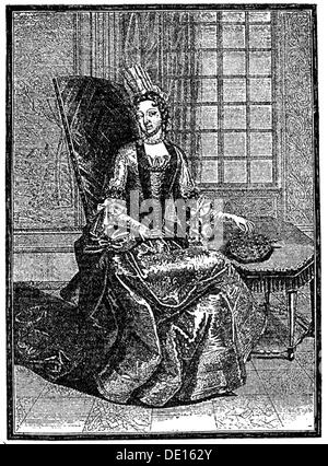 Rohan-Chabot, Anne de, 1648 - 4.2.1709, French lady-in-waiting, full length, playing solitaire, copper engraving by Claude Auguste Berey (circa 1680 - circa 1730), 1697, Artist's Copyright has not to be cleared Stock Photo