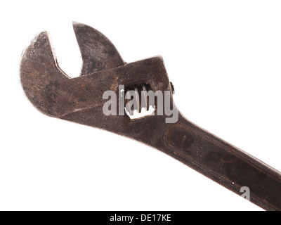 Old rusty wrench, isolated on white background Stock Photo