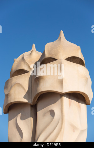 Spain, Barcelona, sculpture detail on the roof of Casa Mila (La Pedrera), designed by Antonio Gaudi. Stock Photo