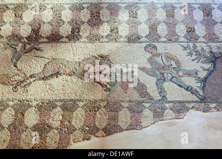 Cyprus, Pafos town, Gazibaf, site of the ancient ruins, archaeological park, mosaic in the House of Dionysos, Hunting scene Stock Photo