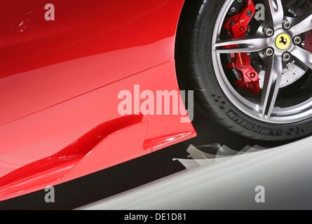 Frankfurt, Germany. 10th Sep, 2013. A recently unveiled Ferrari 458 Speciale has little spoilers on its side during the press day at the Frankfurt Motor Show (IAA) in Frankfurt, Germany, 10 September 2013. One of the most important car exhibitions in the world, Frankfurt Motor Show will be opened officially 12 September by German Chancellor Angela Merkel, running until 22 September 2013. Photo: FRANK RUMPENHORST/dpa/Alamy Live News Stock Photo