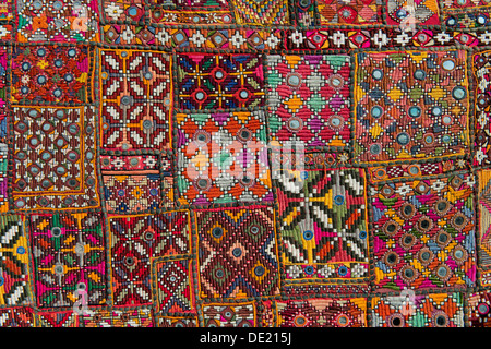 Traditional wall hanging from Rajasthan, colourful, inlaid with mirrors and different patterns, detail, Udaipur, Rajasthan Stock Photo
