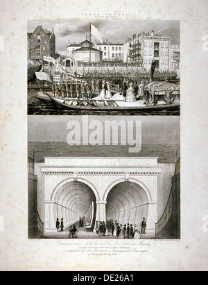 Two views of the Thames Tunnel, commemorating the visit by Queen Victoria, London, 1843. Artist: T Brandon Stock Photo