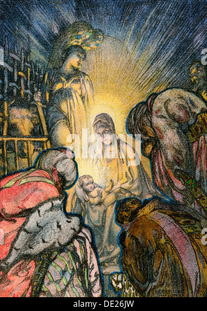 Three Kings worshiping infant Jesus in Bethlehem.Color lithograph of an illustration Stock Photo