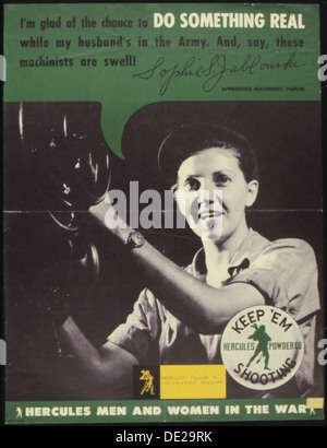 This World War II propaganda poster expresses a woman's pride in contributing to the war effort while her husband serves in the military. It emphasizes the value of civilian roles, particularly in industrial work, to support the war. Stock Photo