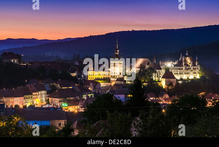 Night view of Sighisoara, Romania after the sunset Stock Photo
