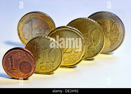 Euro coins, 1 cent, 10 cents, 20 cents, 50 cents, 1 euro and 2 euros