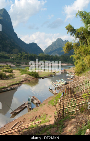 River landscape, boats on the shore, Nam Ou river, Muang Ngoi Kao, Luang Prabang province, Laos, Southeast Asia, Asia