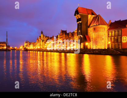 Night view of Port Crane - Gate in the old harbour of Gdansk, Poland Stock Photo