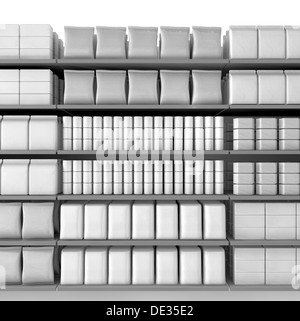 A unsaturated front view of a few sections of supermarket shelving with generic products packed into them Stock Photo