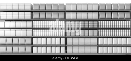 A unsaturated front view of a few sections of supermarket shelving with generic products packed into them Stock Photo