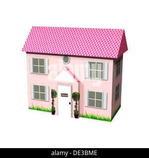 3D digital render of a cute pink cardboard house isolated on white background Stock Photo