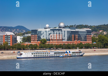 Cruise ship on Danube river shore in Budapest, Hungary Stock Photo