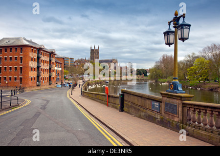 Worcester Cathedral and the River Severn from South Parade, Worcester, England, UK Stock Photo