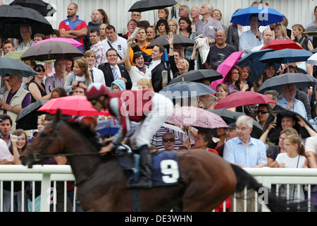 Iffezheim, Germany, people follow a horse race in the rain Stock Photo