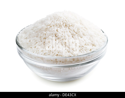 Rice in a transparent glass bowl on a white background Stock Photo