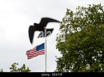 London, UK - 11 September 2013: a bird flies in front of the half-mast american flag at the US Embassy on the anniversary of the Twin Towers attacks. Credit:  Piero Cruciatti/Alamy Live News Stock Photo