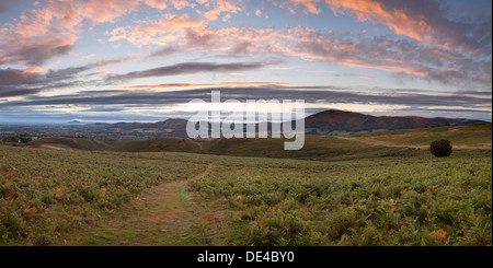 A beautiful sunrise over the Shropshire hills from the slopes of The Long Mynd Stock Photo