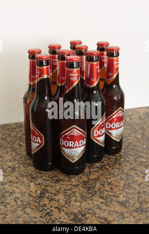 Bottles of Dorada, a beer brewed in Tenerife, in the Canary Islands ...